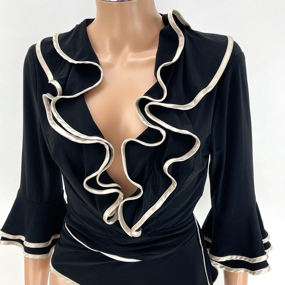 JOSEPH RIBKOFF Flamenco Ruffle Wrap Blouse SIZE 8 Black Ivory Satin Evening Top - Picture 8 of 15
